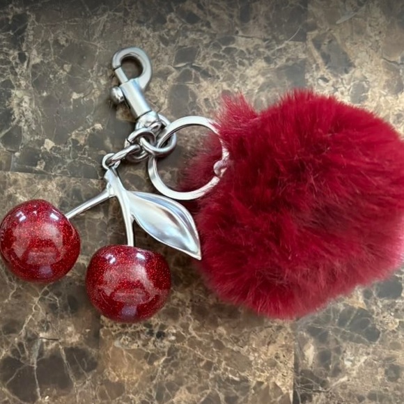 Cherry bag charm with red cherries red poof ball and silver hardware - Picture 2 of 3